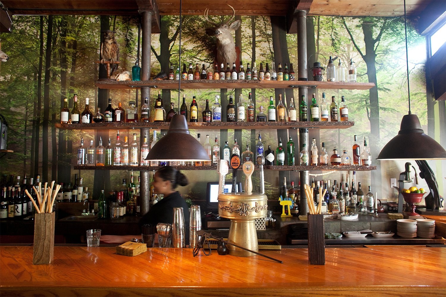 The wood-accented bar at Peekamoose Restaurant & Tap Room