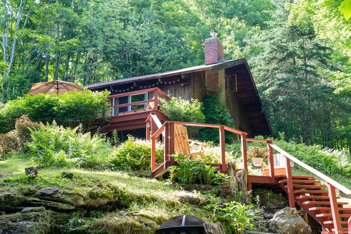 Bright daylight view of Brookstoria Cottage and its red deck surrounded by green woodland